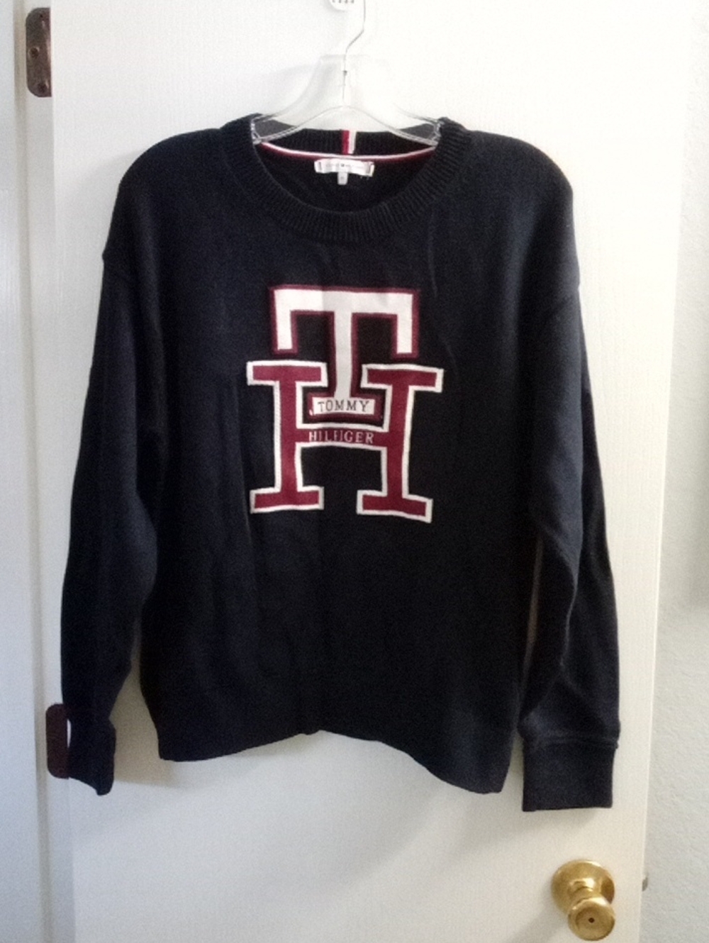 Tommy Hilfiger Navy Crewneck Sweater with Maroon & White Logo